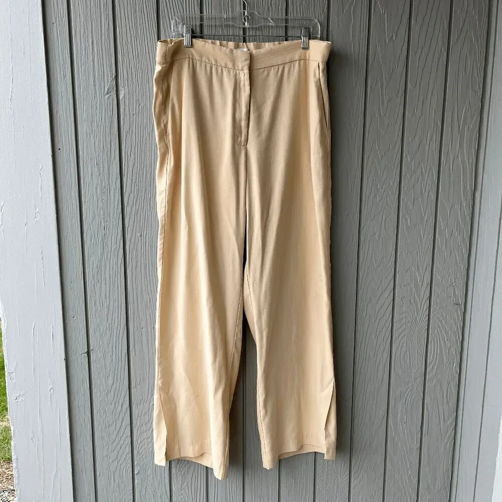 H&M Wide Leg Linen Blend Trousers Beige Size 14 Side Slits Pockets